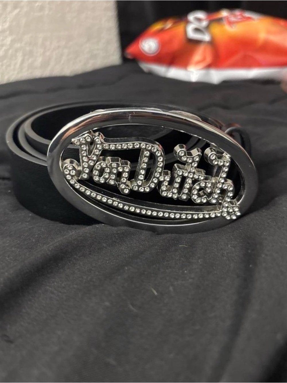 Von Dutch Black Belt with Crystal Logo Buckle